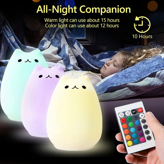 Cute Cat Night Light, Squishy 16 Colors Changing Cat Lamp with Remote, Kitty Cat Touch Light, Silicone Baby Nightlight for Kids, Christmas Gifts for Kids Girls Boys Teen Room Decor Multi-Mode