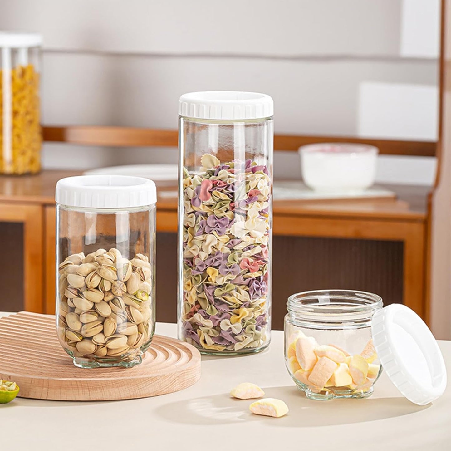Glass Jars with Threaded Lid, Glass Canister Airtight Jar Container, Glass Food Storage Containers, Kitchen Organization Jar Set for Pasta, Oats, Coffee, Flour, Sugar, Rice (3 PCS)