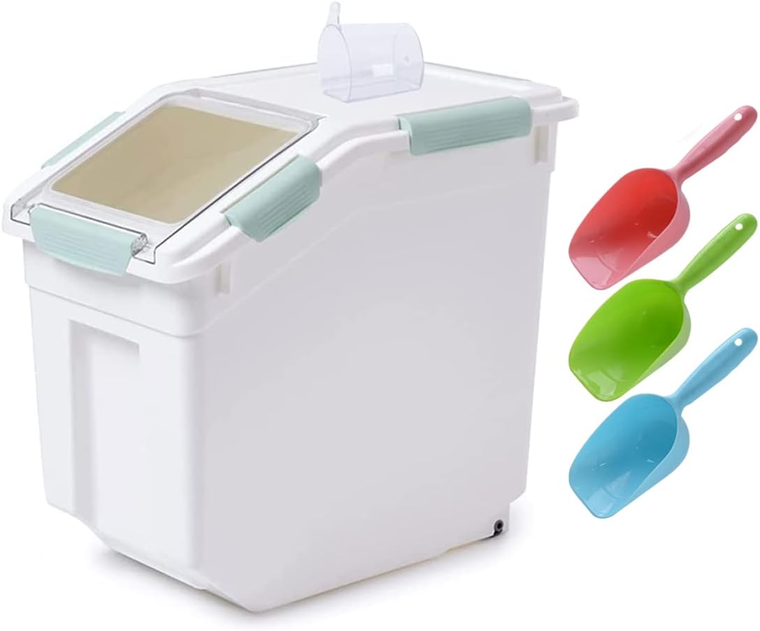Dog Food Storage Container with Scoop,Rice Flour Container on Wheels,Airtight Cat Birds Food Bin Green