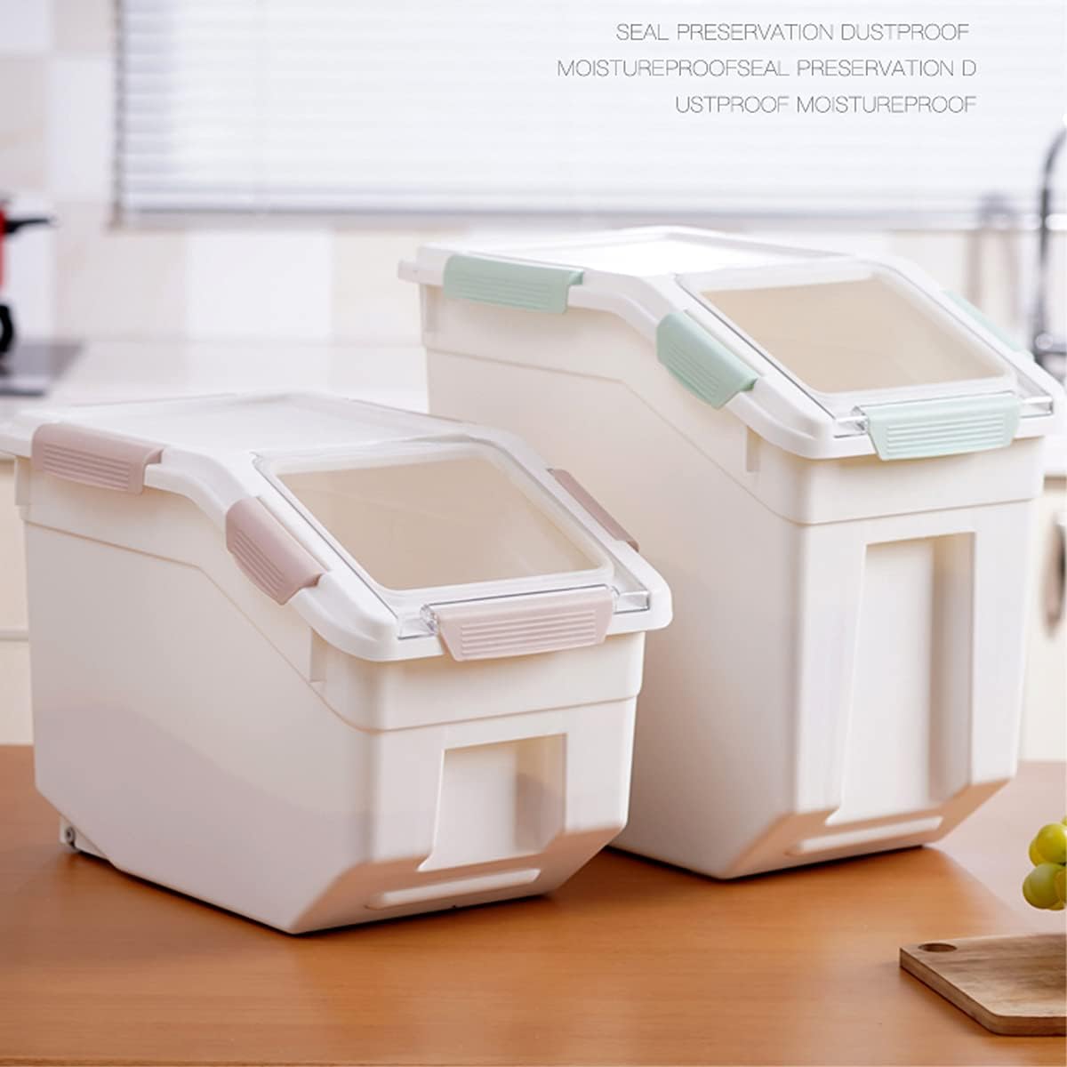 Dog Food Storage Container with Scoop,Rice Flour Container on Wheels,Airtight Cat Birds Food Bin Green