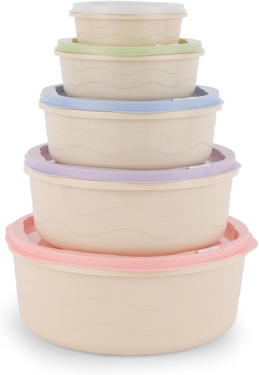 5pcs Plastic Storage Box Set Food Storage Round Containers Smart Lock Lid Airtight Odour Free Dishwasher & Freezer Safe