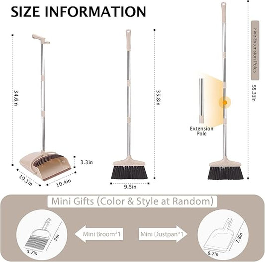 Broom and Dustpan Set with Long Handle, Light Weight Stainless Steel Poles Stand Upright Dustpans with Broom Combo for Home Kitchen Office Pet Dog Hair