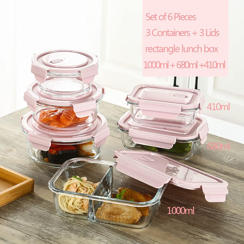 Lunch Box for Kids Adults Work School Glass Food Storage Container with Lid Set of 6 3 Containers + 3 Lids Leakproof Meal Container BPA Free Microwave and Freezer Safe/Pink
