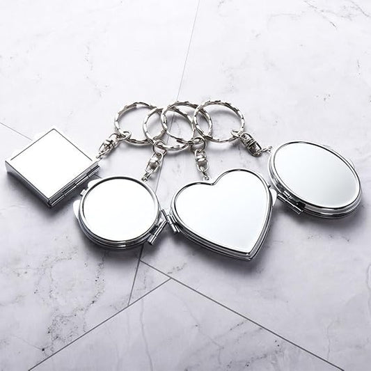 Silver Square Metal Portable Folding Mirror Key Chain Round Square Heart Shape Cosmetic Mirror Compact Travel Pocket Mirror with Key Ring Keychain, Compact and Travel Mirrors,Car Keychain