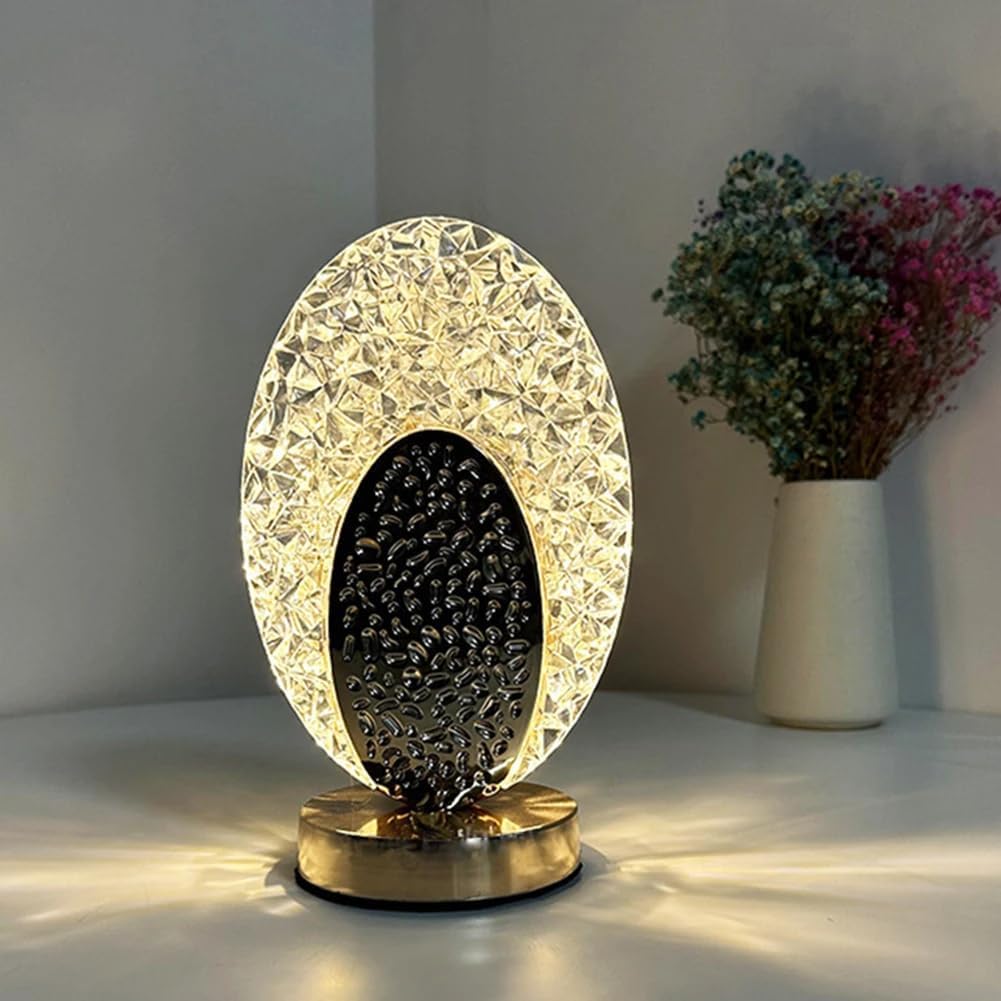 Portable Oval Crystal LED Table Lamp Touch - 3 Colors and Brightness Adjustable, Wireless Rechargeable Gold Lamp, Desk Lamp for Table, Living Room, Bedroom