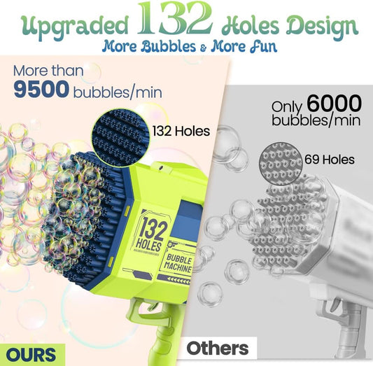 Bazooka Bubble Gun - Upgraded 132 Holes Bubble Machine Gun, Rocket Bubble Machine with Light & Bubble Solutions, Summer Toys Bubble Blaster Maker for Kids, Wedding, Birthday Gift, Party Favors - Green