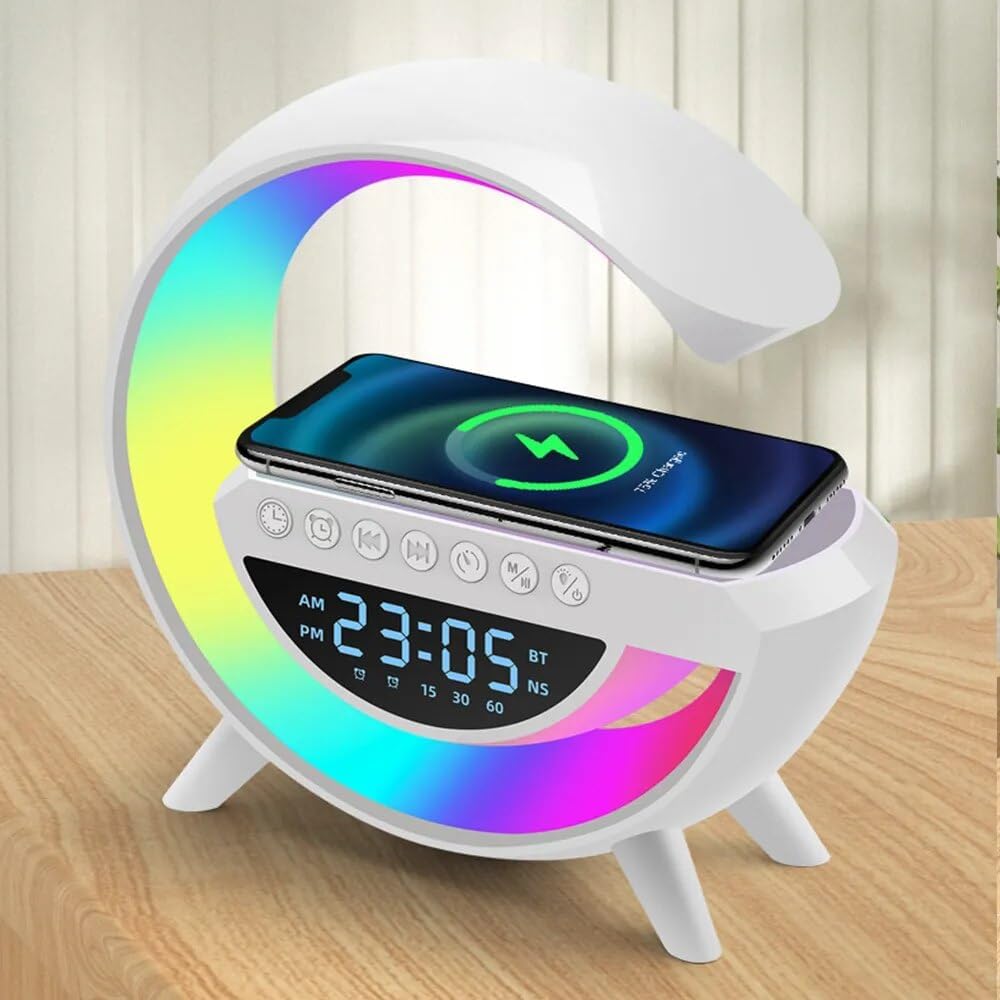Table Bedroom Bed Lamp with Alarm Clock and RGB LED Technology Speaker Bluetooth Speaker and Wireless Induction Charger Perfect Combination of Convenience and Style