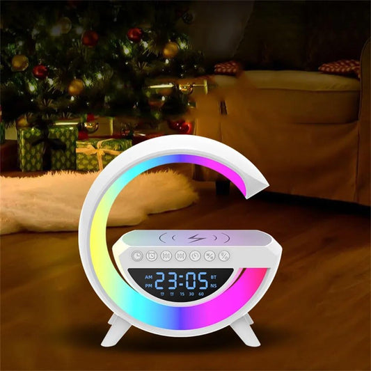Table Bedroom Bed Lamp with Alarm Clock and RGB LED Technology Speaker Bluetooth Speaker and Wireless Induction Charger Perfect Combination of Convenience and Style