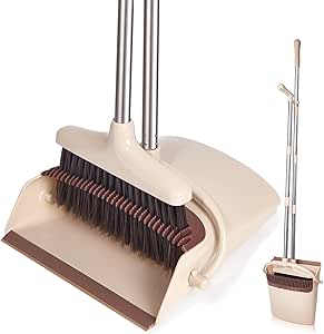 Broom and Dustpan Set with Long Handle, Light Weight Stainless Steel Poles Stand Upright Dustpans with Broom Combo for Home Kitchen Office Pet Dog Hair