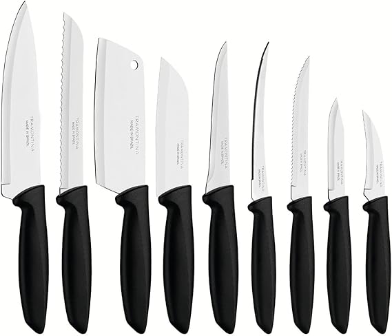 Tramontina 9 pcs Knife Set - Stainless Steel Sharp Professional Kitchen Chef Cooking Knives set with Black Handles