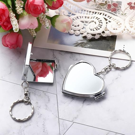 Silver Square Metal Portable Folding Mirror Key Chain Round Square Heart Shape Cosmetic Mirror Compact Travel Pocket Mirror with Key Ring Keychain, Compact and Travel Mirrors,Car Keychain