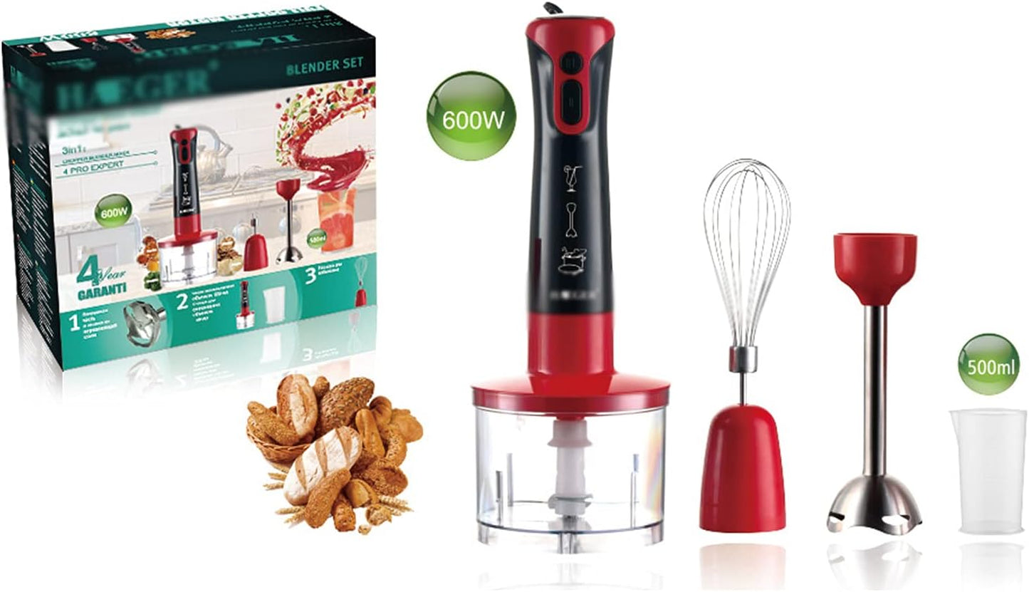 600W Powerful Hand Blender Stick Immersion Blender with Mixing Cup Chopper Whisk Variable Speeds Cooking Machine Juicer,Red
