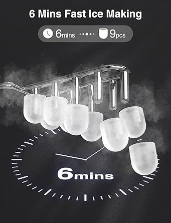 Ice Maker Countertop, Portable Self-Cleaning Ice Maker Machine with Handle, Scoop and Basket, 9 Bullet Ice Cubes in 6 Mins,