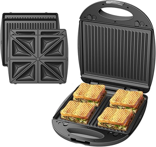 Smart Sandwich Maker, 4 Slice Sandwich Maker with Non-Stick DuPont Coating, Detachable Cooking Plates, High-grade durable stainless steel housing