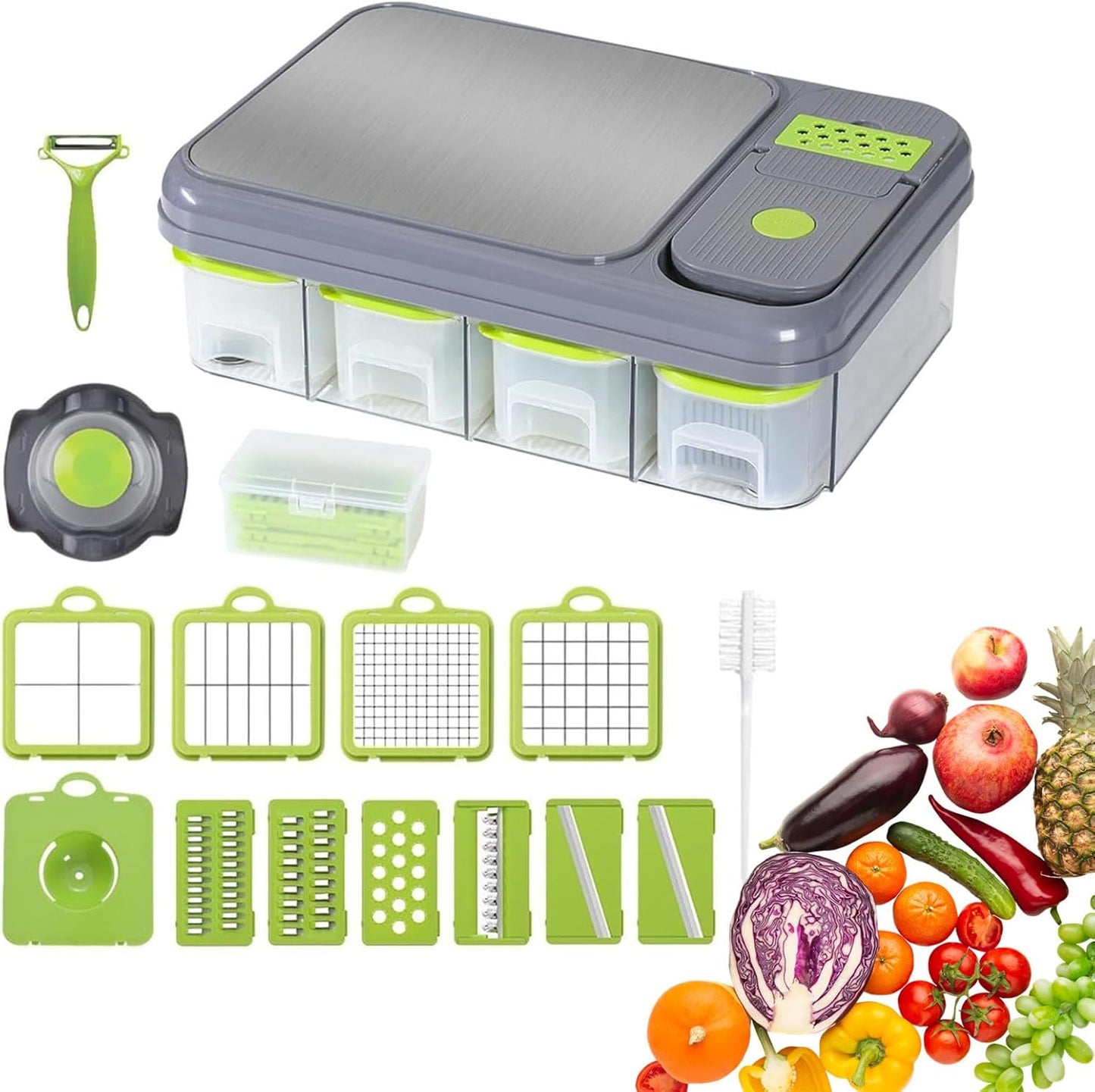 All-In-1 Veggie Prep Station with Built-In Cutting Board,Vegetable Chopper with Blades-Mandoline Slicer-Salad Onion Potatoe Dicer Cutter,Cheese Grater-Stainless Steel Pro Food Chopper with Container