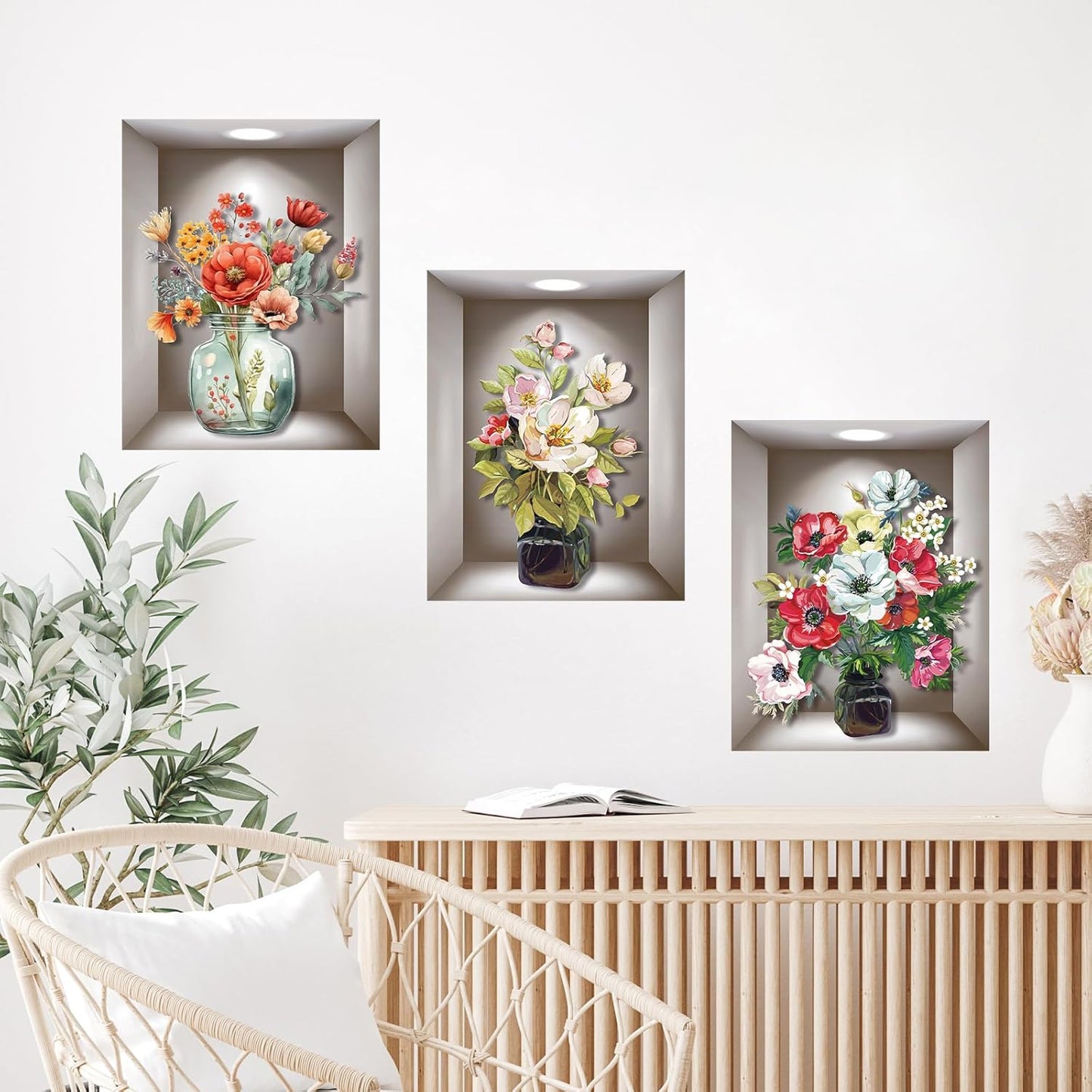 3D Flowers Vase Wall Sticker, Bright and Vibrant Bouquets Wall Art Wall Sticker, Self-Adhesive Flowers Home Wall Sticker for Living Room Bedroom Background Wall Decoration