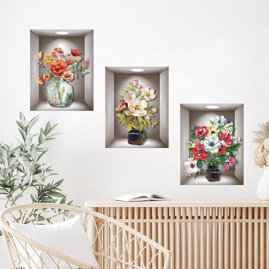 3D Flowers Vase Wall Sticker, Bright and Vibrant Bouquets Wall Art Wall Sticker, Self-Adhesive Flowers Home Wall Sticker for Living Room Bedroom Background Wall Decoration