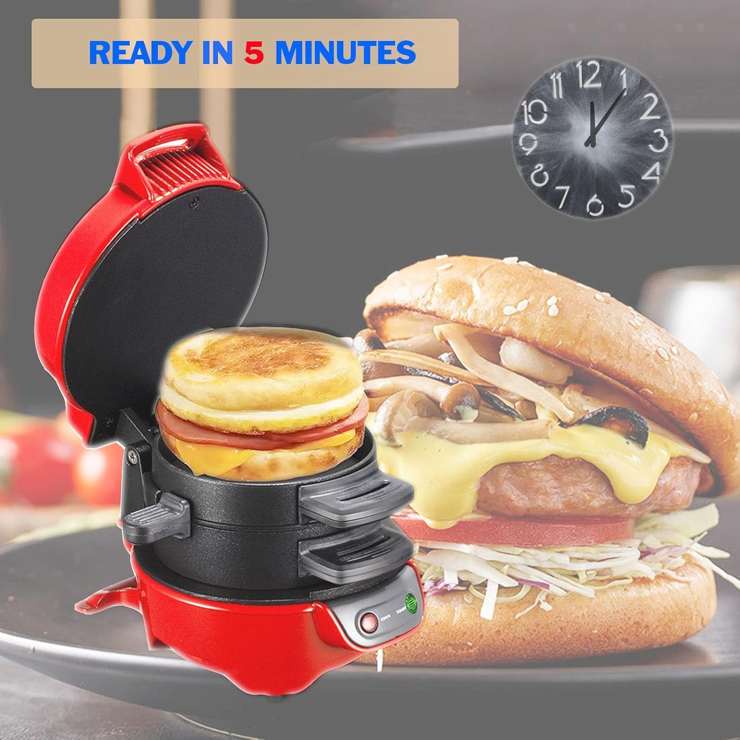 Sandwich Toaster Burger Maker, Panini Press with Egg Rings and Timer, Efficient Non-Stick Heating Plates, for Hamburgers, Waffles Snacks and A Quick Diy Breakfast (Red)