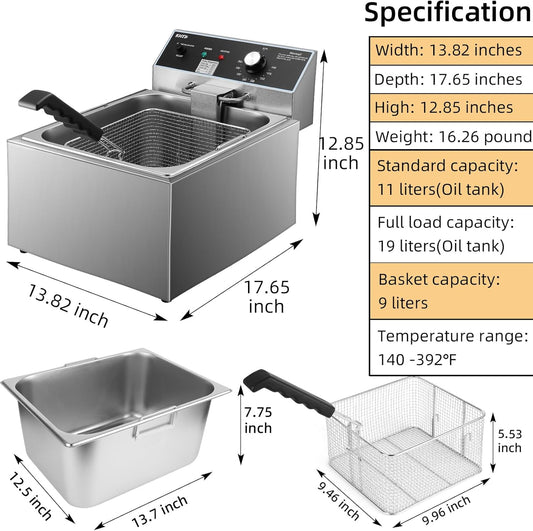 Commercial Deep Fryer, 11.6QT/11L Extra Large Electric Stainless Steel Countertop Oil Fryer with Baskets, with Temperature Control for Restaurant and Home Use