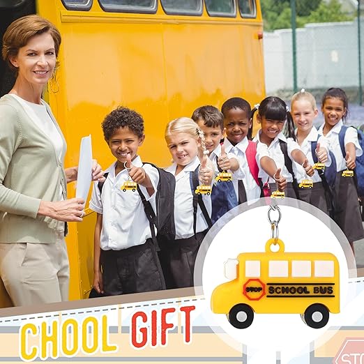12 Sets School Bus Keychain Bulk Include Silicone Mini School Bus Keychain Bulk, Thank You Cards and White Organza Bags Drivers Appreciation Gifts for Birthday Class Award Retirement