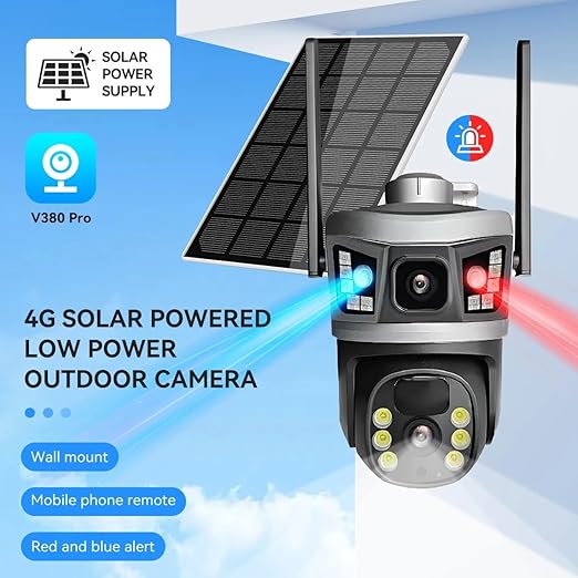 V380 Pro Wifi Digital Zoom Dual Lens 2 Screens 6MP Solar Powered Battery Camera CCTV Security V380 CCTV Camera Solar 355° Pan 90° Tilt, IP66 Waterproof,Color Night Vision 4K