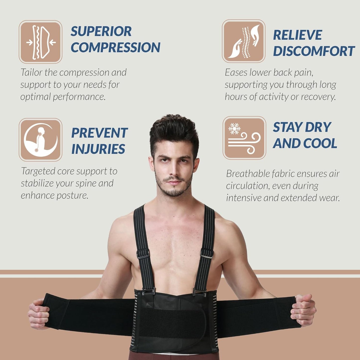 Back Brace with Suspenders for Men - Adjustable - Removable Shoulder Straps - Lumbar Support Belt - Lower Back Pain, Work, Lifting, Exercise, Gym - Black