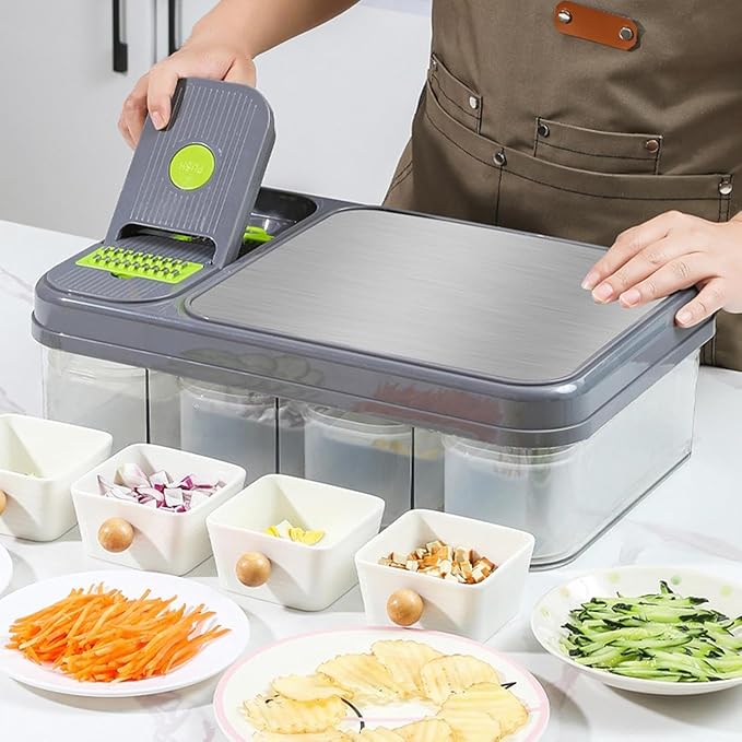 All-In-1 Veggie Prep Station with Built-In Cutting Board,Vegetable Chopper with Blades-Mandoline Slicer-Salad Onion Potatoe Dicer Cutter,Cheese Grater-Stainless Steel Pro Food Chopper with Container