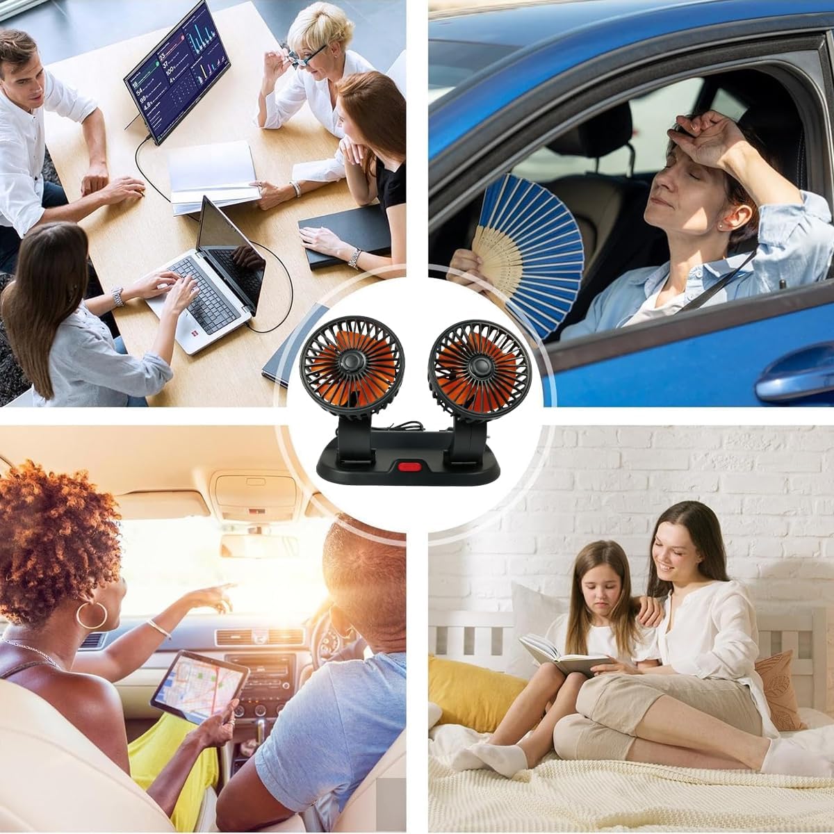 AGC Double-Headed Vehicle Fan, 360° Rotatable Dual Heads, Ultra Quiet, Strong Wind, Adjustable Speed, USB Powered, Ideal for Cars, Trucks, Office and Camping.