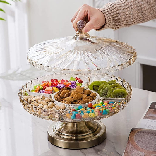Nut Serving Platter Nut Bowl Glass Dry Fruit Tray with Lid Home Snack Platter Metal Feet Divided Serving Tray with Lid Kids