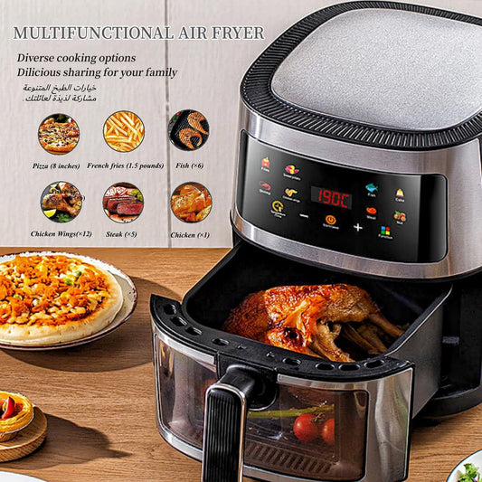 Air Fryer Visuable 360° Convection Air Fryer Oven with 90% Less oil 2400w, 8 One-Touch Preset Cooking Modes., Wide Temperature Control Range, Auto Warming Function