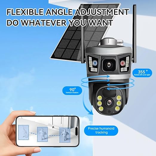 V380 Pro Wifi Digital Zoom Dual Lens 2 Screens 6MP Solar Powered Battery Camera CCTV Security V380 CCTV Camera Solar 355° Pan 90° Tilt, IP66 Waterproof,Color Night Vision 4K