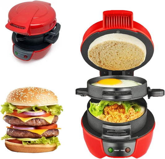 Sandwich Toaster Burger Maker, Panini Press with Egg Rings and Timer, Efficient Non-Stick Heating Plates, for Hamburgers, Waffles Snacks and A Quick Diy Breakfast (Red)