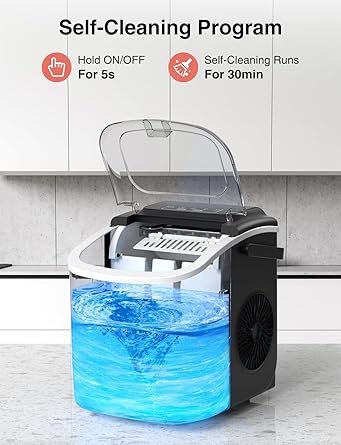 Ice Maker Countertop, Portable Self-Cleaning Ice Maker Machine with Handle, Scoop and Basket, 9 Bullet Ice Cubes in 6 Mins,