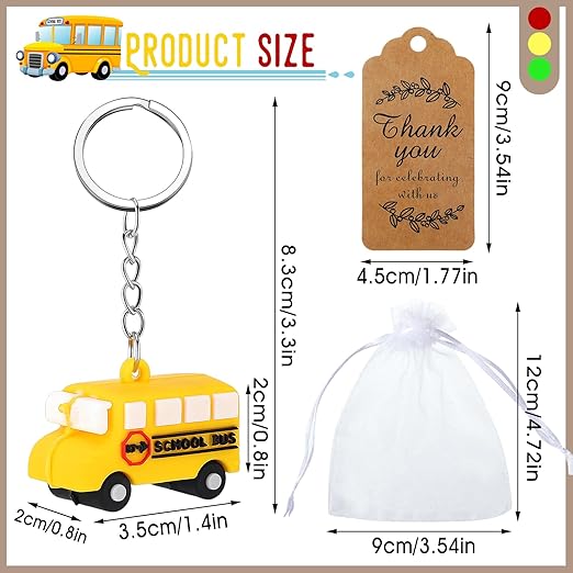 12 Sets School Bus Keychain Bulk Include Silicone Mini School Bus Keychain Bulk, Thank You Cards and White Organza Bags Drivers Appreciation Gifts for Birthday Class Award Retirement
