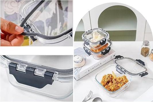 Glass Meal Prep Containers (3 pcs Square) - Glass Food Storage Containers with Lids, Glass Lunch Box, Portion Control, Airtight, Glass Bento Box Lunch Containers- 3P Square Black