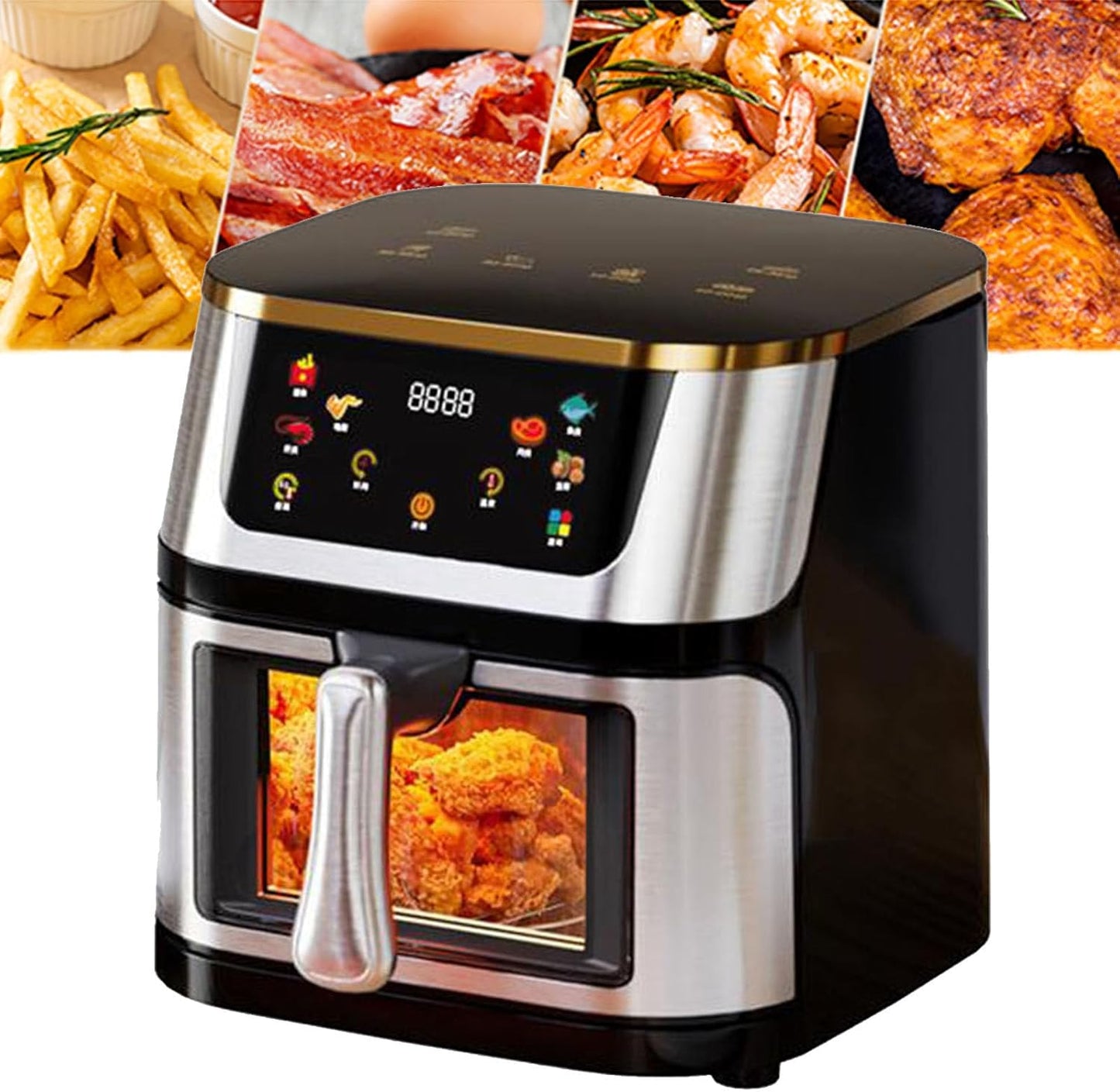 Air Fryer, 10l Stainless Steel Visual Air Fryer, 1400w Smart Oven With Digital Touch Screen Oil-Free Fryer, Timing And Temperature Adjustable For Quick And Easy Meals, Easy To Clean
