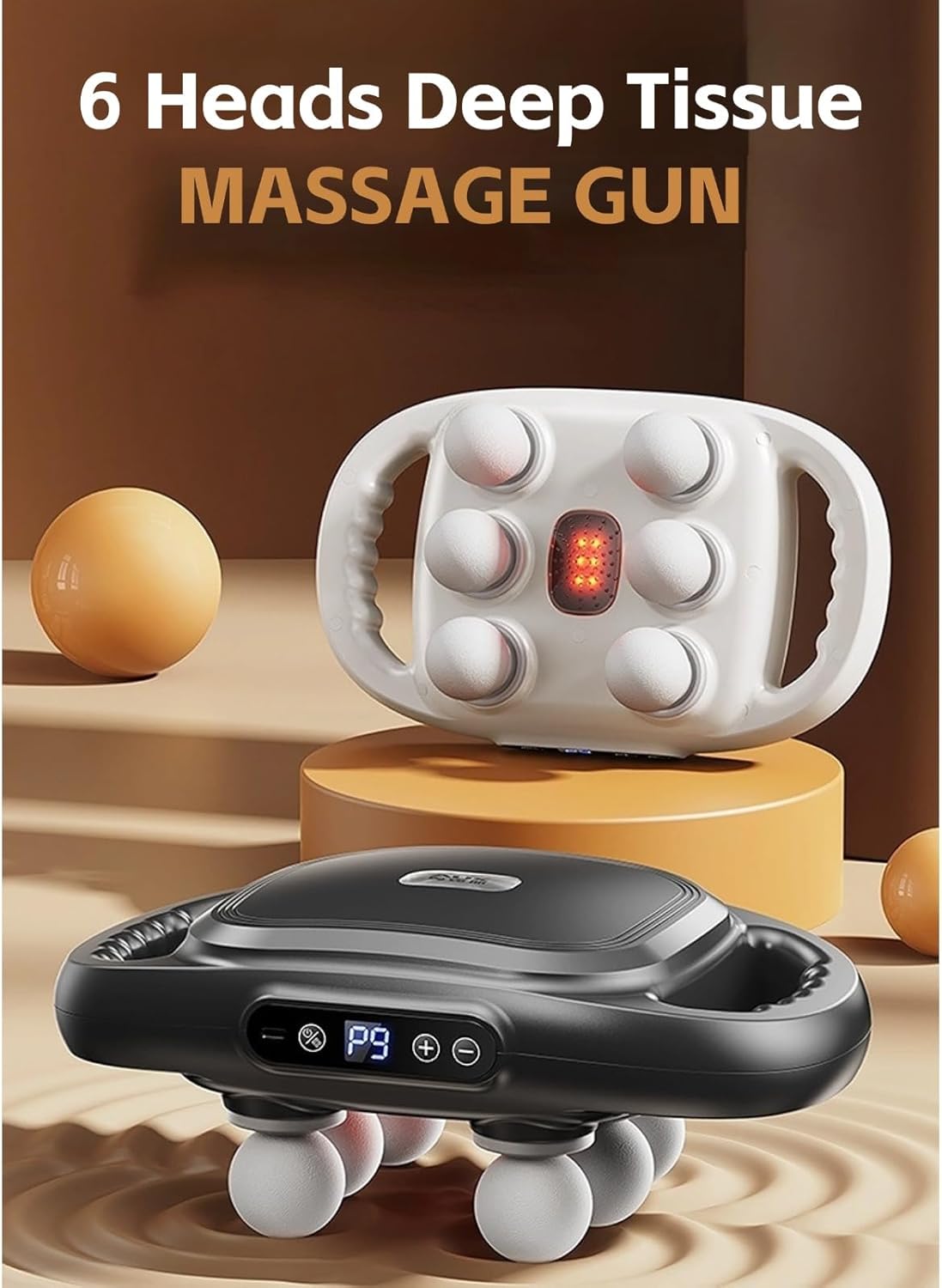6 Head Massage Gun Deep Tissue, Percussion Massager Gun with 9 Levels & 9 Modes, Electric Massager Tool for Back, Neck, Leg, Full Body Muscle Pain Relief