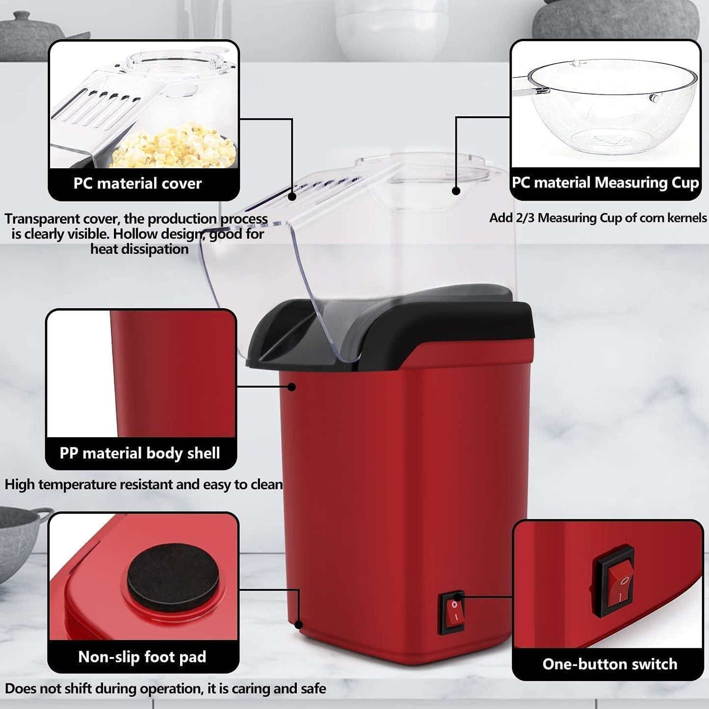 ECVV 1200W Electric Hot Air Popcorn Popper Maker for Home, No Oil Needed Healthy Snack for Kids Adults, Perfect for Party Birthday Gift