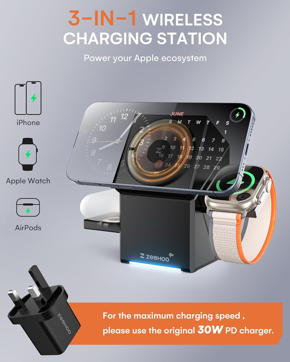 Wireless Charging Station, CubeTrick-X Qi2 15W Fast Charging, 3-in-1 Wireless Charging Station for Apple Watch