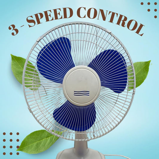 16-Inch High-Speed Electric Table / Desk Fan, Features Tilt, 3 Speeds, Dim LED for Bedsides, Home, Office, Dormitories, Desktop, Kitchen, Garage, 3 Blades Classic Look Oscillating Table Fan Blue-White