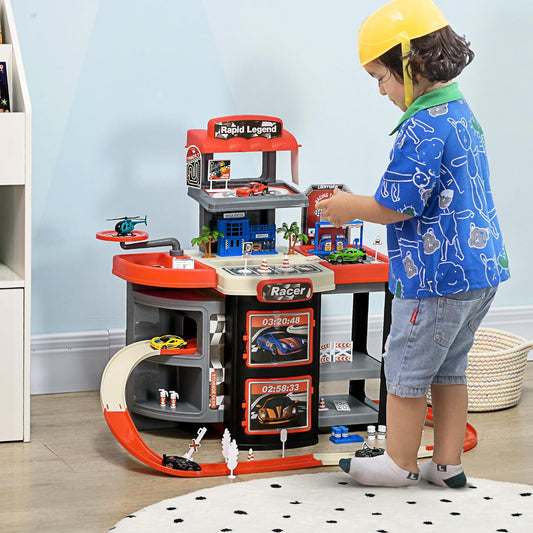 Garage Playset with 65 Accessories, 2 in 1 Design Children Trolley, Car Ramp Toy Set with 6 Mini Racer Cars, Gifts for Kids Ages 3-6 Years Old
