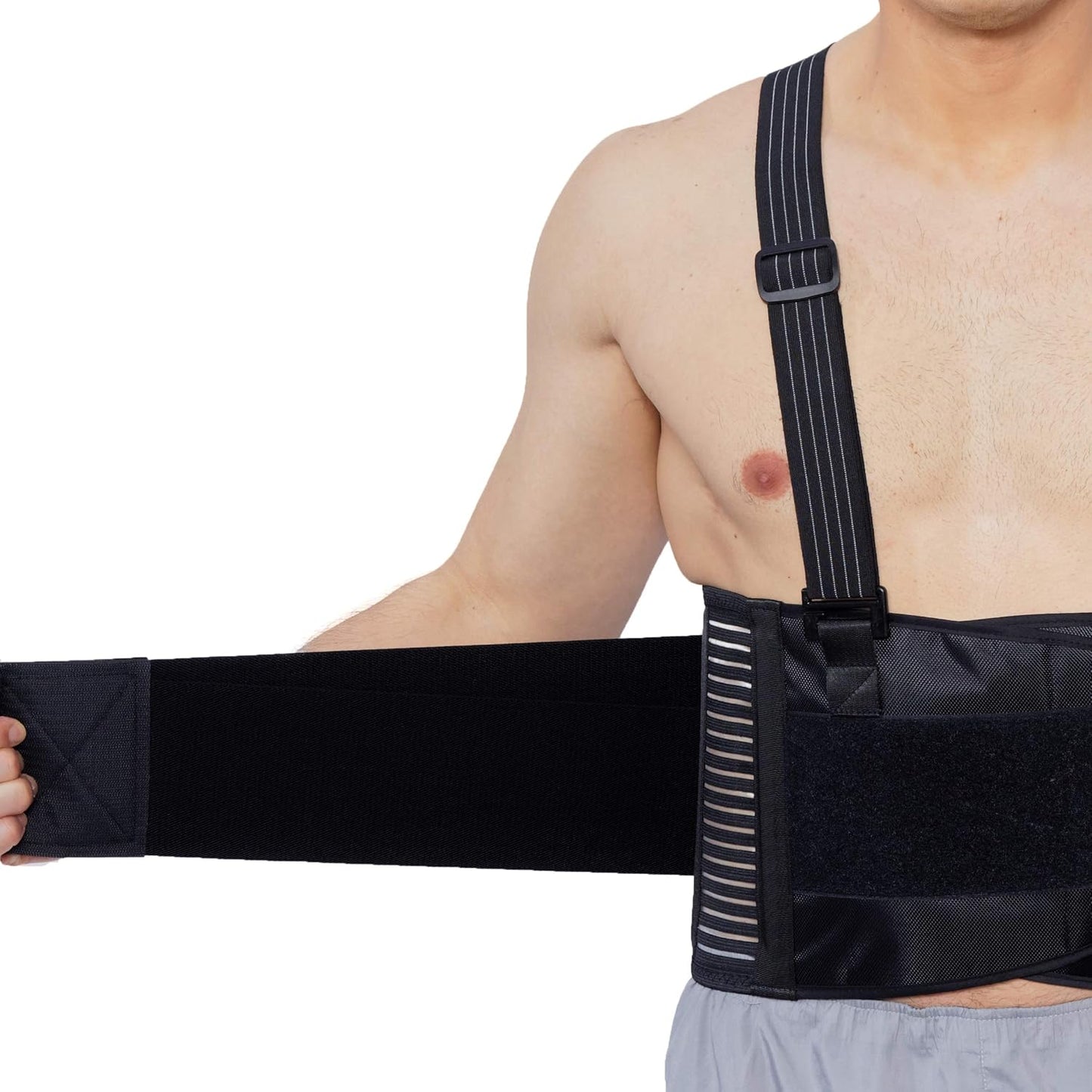 Back Brace with Suspenders for Men - Adjustable - Removable Shoulder Straps - Lumbar Support Belt - Lower Back Pain, Work, Lifting, Exercise, Gym - Black