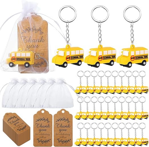 12 Sets School Bus Keychain Bulk Include Silicone Mini School Bus Keychain Bulk, Thank You Cards and White Organza Bags Drivers Appreciation Gifts for Birthday Class Award Retirement