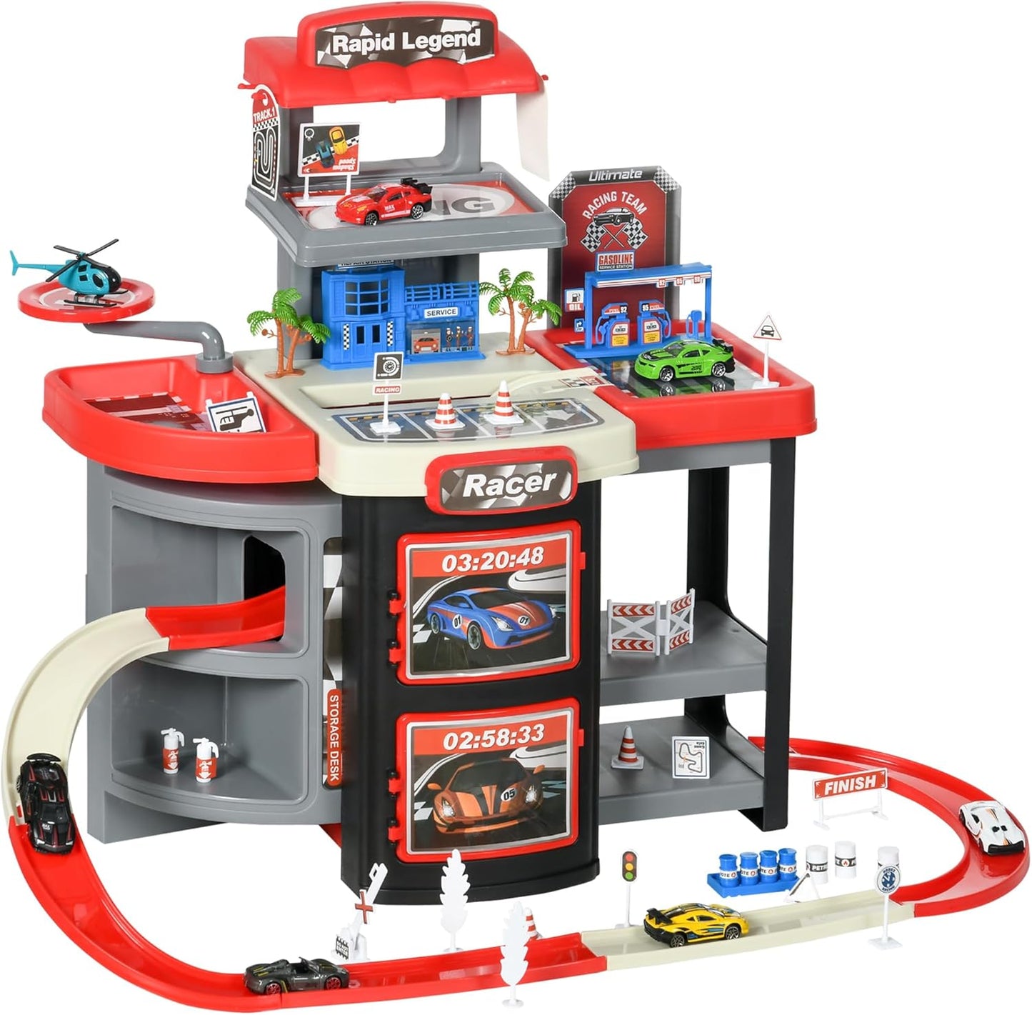 Garage Playset with 65 Accessories, 2 in 1 Design Children Trolley, Car Ramp Toy Set with 6 Mini Racer Cars, Gifts for Kids Ages 3-6 Years Old