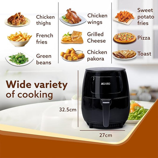 AGARO Alpha Digital Air Fryer For Home, 4.5 Litres, 6 Cooking Options, Electric, Convection Oven, 1400W, 360 Degrees Air Circulation, Digital Display, Keep Warm, Bake, Roast, Toast, Black