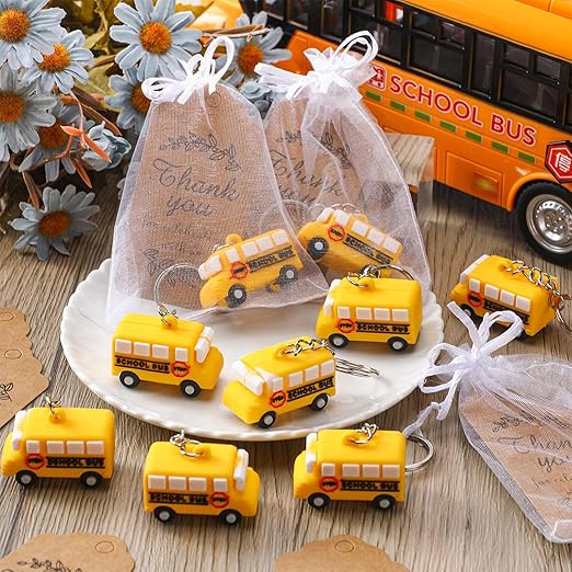 12 Sets School Bus Keychain Bulk Include Silicone Mini School Bus Keychain Bulk, Thank You Cards and White Organza Bags Drivers Appreciation Gifts for Birthday Class Award Retirement