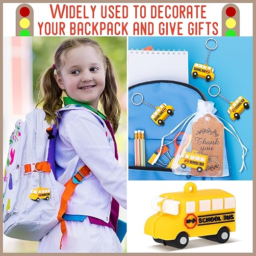 12 Sets School Bus Keychain Bulk Include Silicone Mini School Bus Keychain Bulk, Thank You Cards and White Organza Bags Drivers Appreciation Gifts for Birthday Class Award Retirement