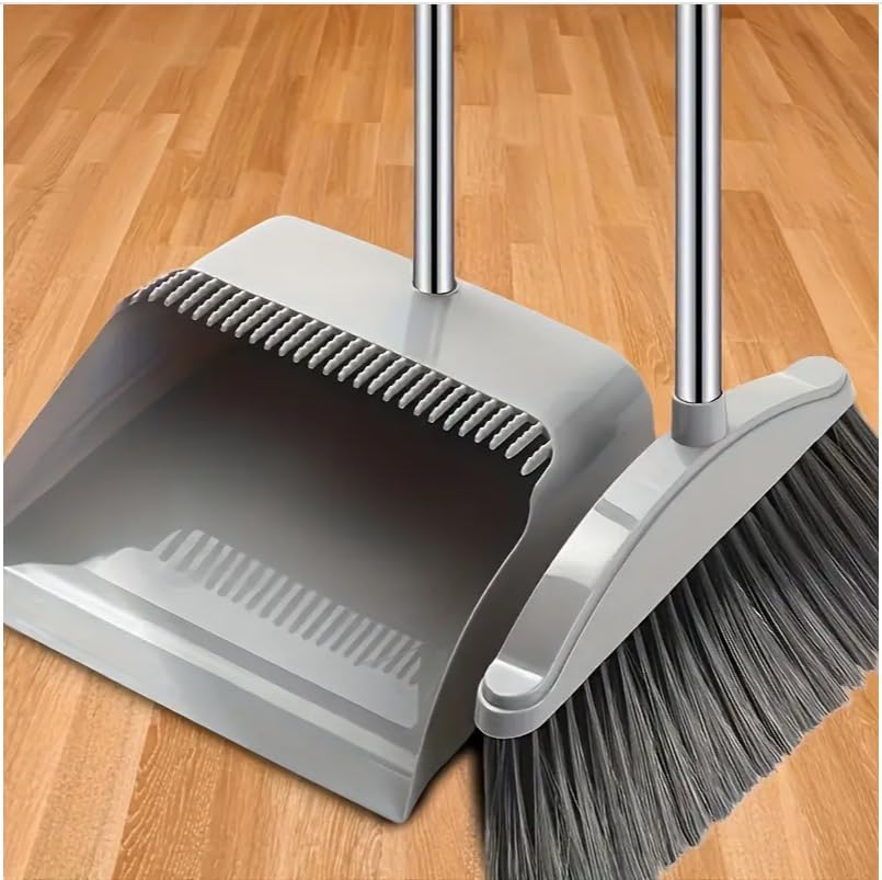 leaning Broom with Dustpan Set, Heavy-Duty & Efficient, Ergonomic Handle, Dustpan with Rubber Lip for Easy Sweep-Up, Ideal for Home & Office Use, Compact Design, Easy to Store & Clean