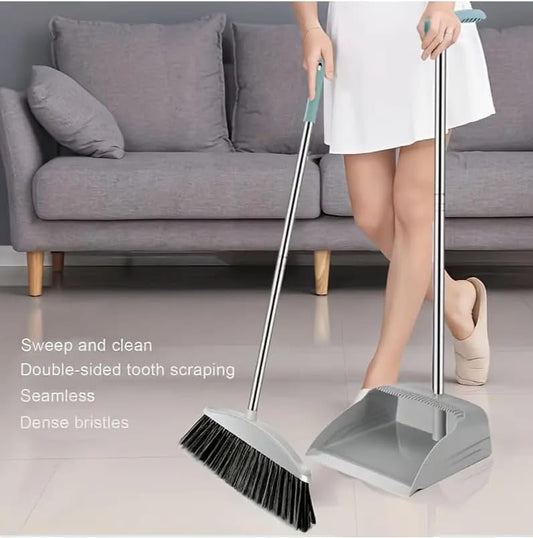 leaning Broom with Dustpan Set, Heavy-Duty & Efficient, Ergonomic Handle, Dustpan with Rubber Lip for Easy Sweep-Up, Ideal for Home & Office Use, Compact Design, Easy to Store & Clean