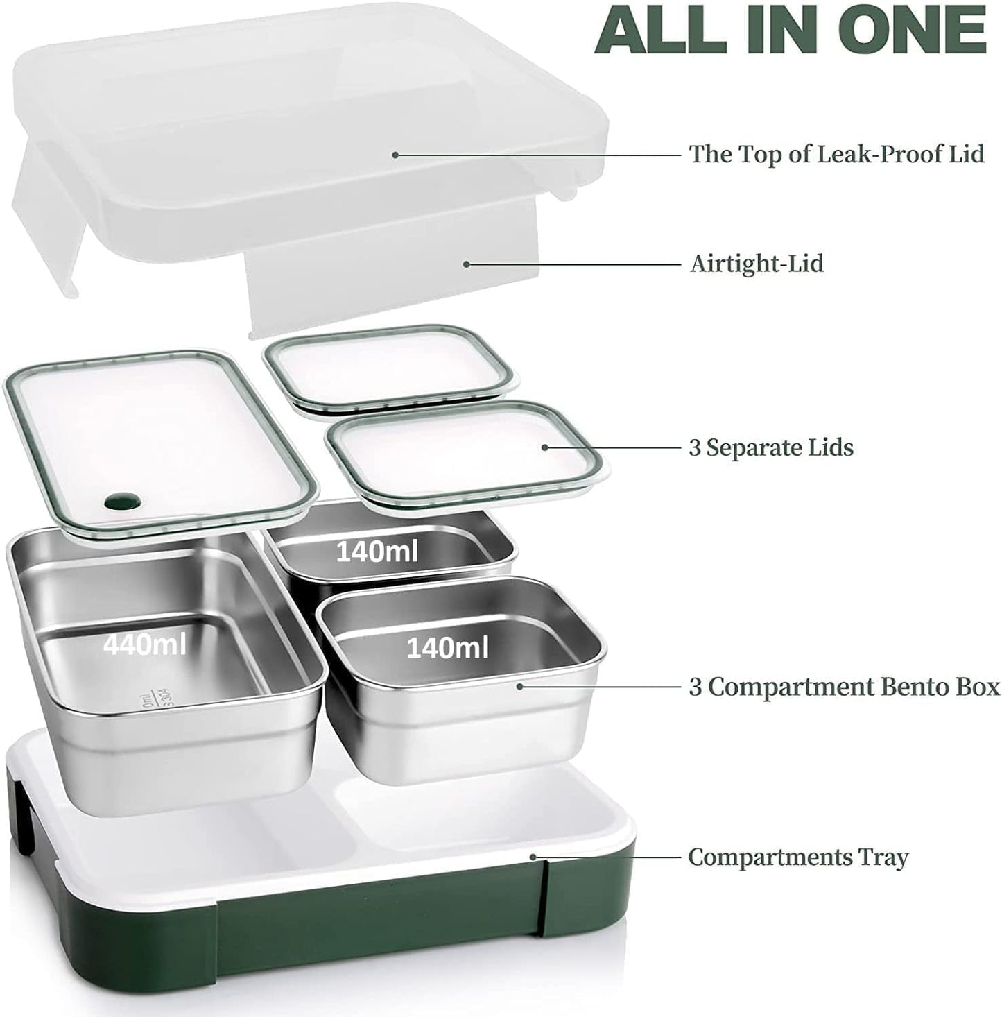 Stainless Steel Lunch Box for Kids School, 3 Compartment Divided Lunch Containers with Lids, Leakproof